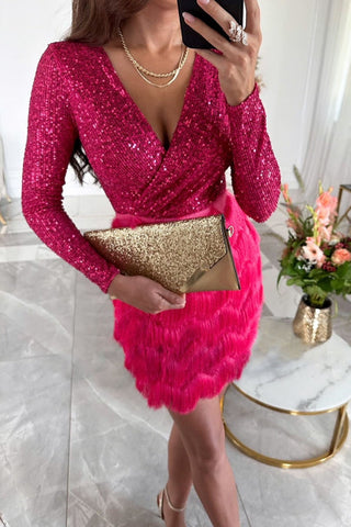 Damska sukienka imprezowa z cekinami i piórami | mini