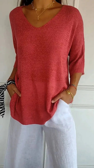 Women's V-neck Oversized Knit Top | Half Sleeve