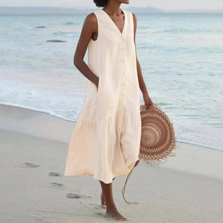 Damen V-Ausschnitt Kleid mit Knöpfen | Midi
