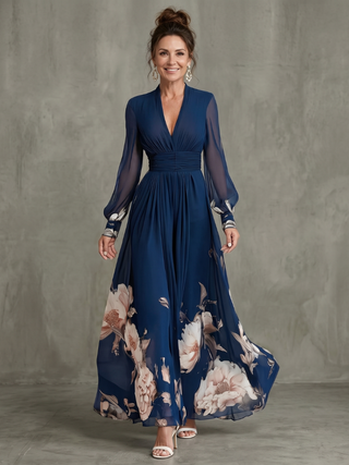 Damen Langarm Blumen Abendkleid | Maxi