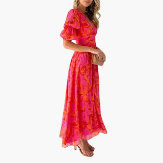 Damska sukienka w kwiaty z bufkami | maxi