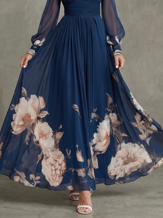 Damen Langarm Blumen Abendkleid | Maxi