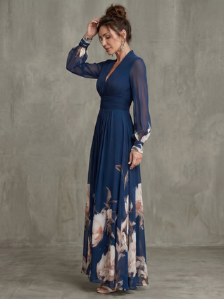 Damen Langarm Blumen Abendkleid | Maxi
