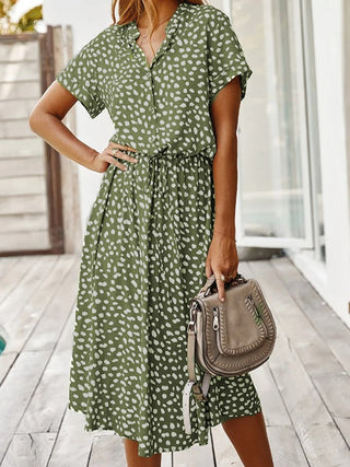 Damen Bedrucktes Midi Kleid mit Knöpfen | Taillengürtel