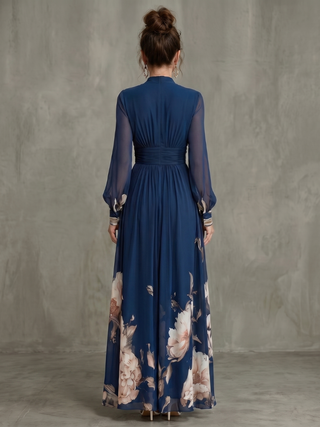 Damen Langarm Blumen Abendkleid | Maxi