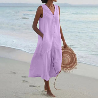Damen V-Ausschnitt Kleid mit Knöpfen | Midi