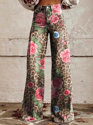 Women's wide-leg jeans | floral pattern, high waist