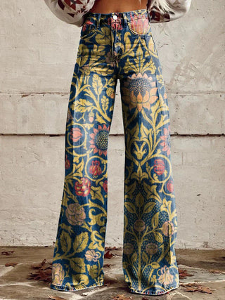 Women's wide-leg jeans | floral pattern, high waist
