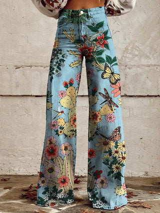 Women's wide-leg jeans | floral pattern, high waist