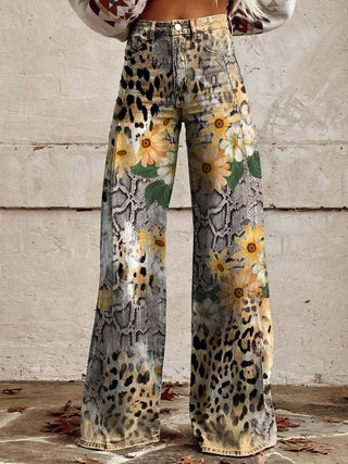 Women's wide-leg jeans | floral pattern, high waist