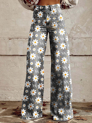 Women's wide-leg jeans | floral pattern, high waist