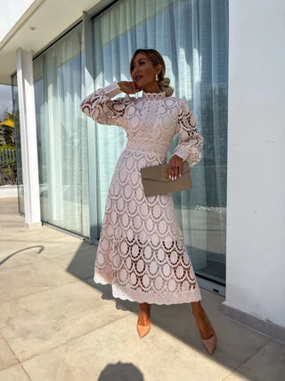 Robe midi élégante à manches longues pour femme | Col montant