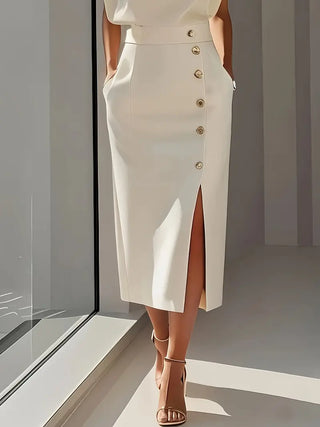 Jupe midi femme taille haute | Bouton