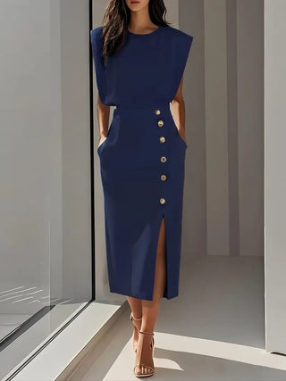 Jupe midi femme taille haute | Bouton