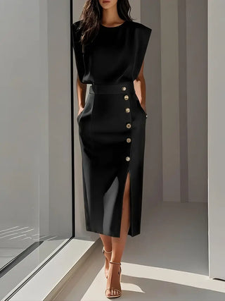 Jupe midi femme taille haute | Bouton