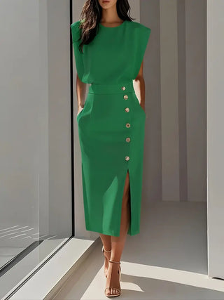 Jupe midi femme taille haute | Bouton