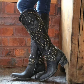 Women's boots with studs up to the knee | block heel