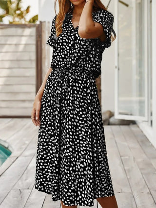 Damen Bedrucktes Midi Kleid mit Knöpfen | Taillengürtel
