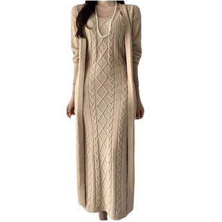 Damen Maxi-Kleid Set | Langarm mit Strickjacke
