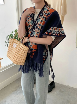 Chaqueta de punto con flecos para mujer – Azul oscuro
