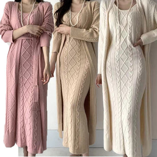 Damen Maxi-Kleid Set | Langarm mit Strickjacke