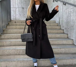 Women's Long Trench Coat | With Notched Collar & Button Placket