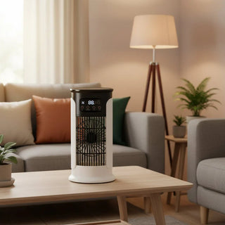 Verstellbarer weißer Turmventilator, seitliche Ansicht