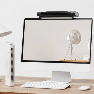 Bladeless USB Ventilator in Schwarz am Computermonitor befestigt