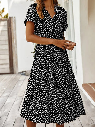Damen Bedrucktes Midi Kleid mit Knöpfen | Taillengürtel