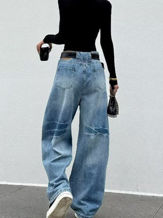 Damen Baggy Jeans Verwaschen Hoher Bund – Detailansicht