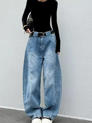 Damen Baggy Jeans Verwaschen Hoher Bund – Detailansicht