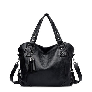Damen Elegante Kunstleder Schultertasche Groß Quasten – Black