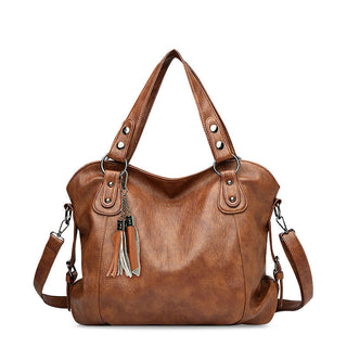 Damen Elegante Kunstleder Schultertasche Groß Quasten – Brown