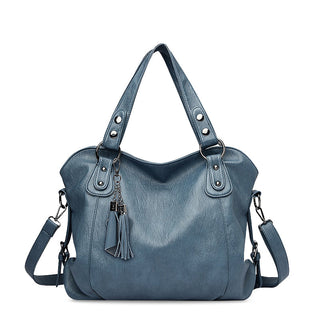 Damen Elegante Kunstleder Schultertasche Groß Quasten – Blue