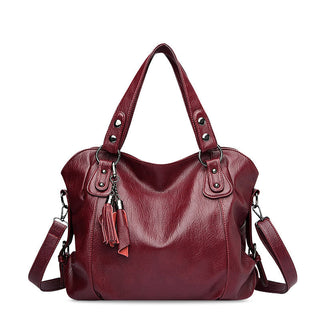 Damen Elegante Kunstleder Schultertasche Groß Quasten – Wine Red