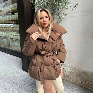 Damen Elegante Winter Pufferjacke Mit Gürtel – Braun