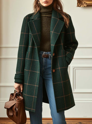 Damen Eleganter Winter Wollmantel Kariert – Dunkelgrün
