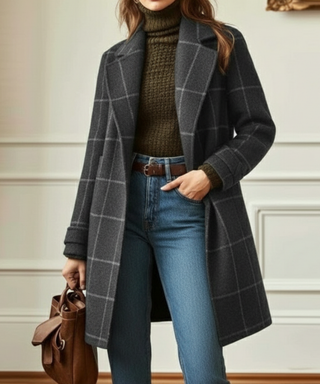 Damen Eleganter Winter Wollmantel Kariert – Grau