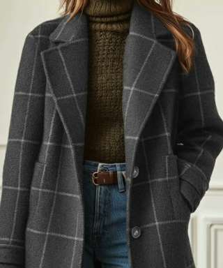 Damen Eleganter Winter Wollmantel Kariert – Detailansicht