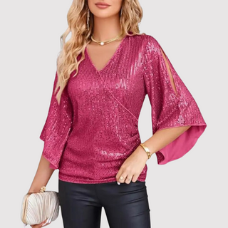 Damen Festliche Bluse Wickelschnitt Glockenärmel – Rosa