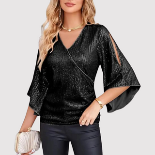 Damen Festliche Bluse Wickelschnitt Glockenärmel – Schwarz