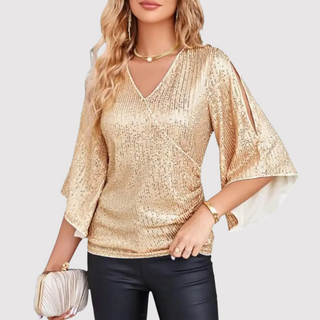 Damen Festliche Bluse Wickelschnitt Glockenärmel – Gold