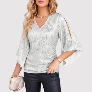 Damen Festliche Bluse Wickelschnitt Glockenärmel – Silber