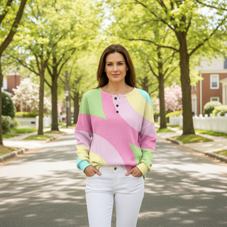 Damen Geripptes Henley Langarmshirt | Waffelstruktur