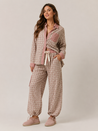 Damen Karierter Pyjama Set Caprihose – Rosa