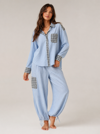 Damen Karierter Pyjama Set Caprihose – Hellblau