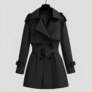 Damen Klassischer Winter Trenchcoat Zweireihig – Schwarz