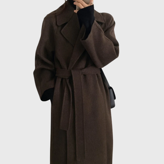 Damen Klassischer Winter Wollmantel Bindegürtel – Dunkelbraun