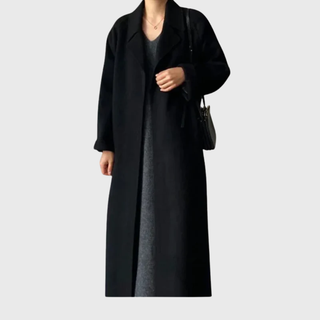 Damen Klassischer Winter Wollmantel Bindegürtel – Schwarz