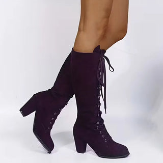 Damen Kniehohe Schnürstiefel | Blockabsatz